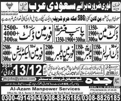 Pipe Fitter, Forman, Electrician Jobs in Saudi Arabia